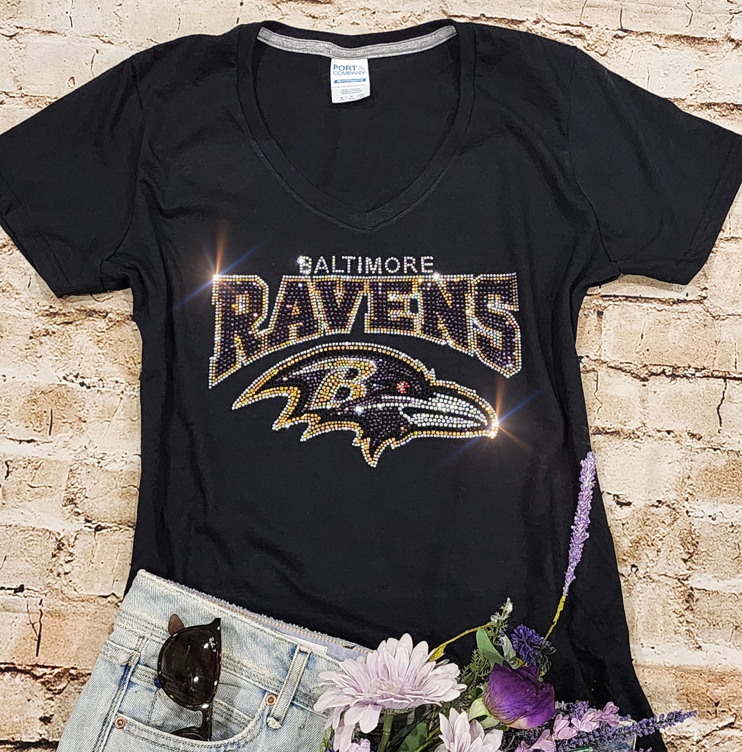 Rhinestone Ravens Women's Relaxed Fit V-Neck T-shirt Bling Baltimore Ravens Top