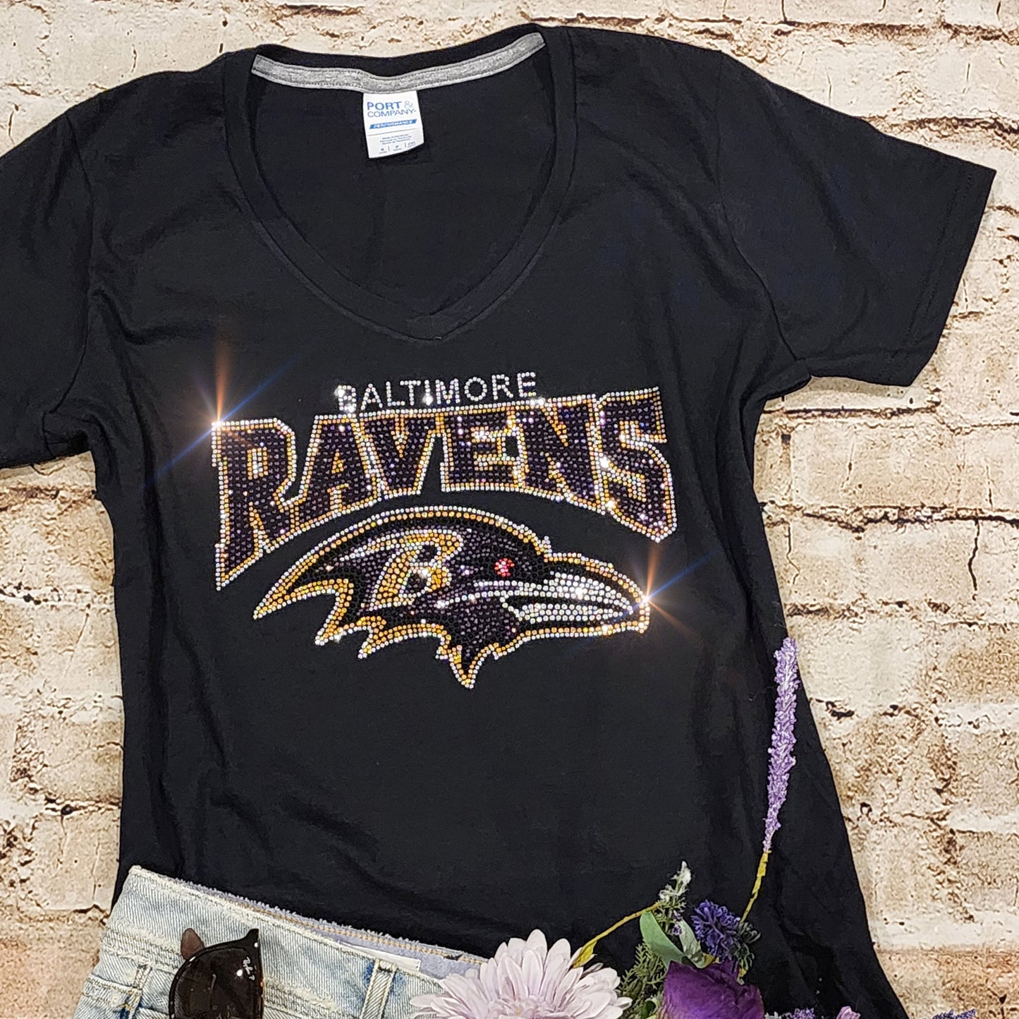 Rhinestone Ravens Women's Relaxed Fit V-Neck T-shirt Bling Baltimore Ravens Top