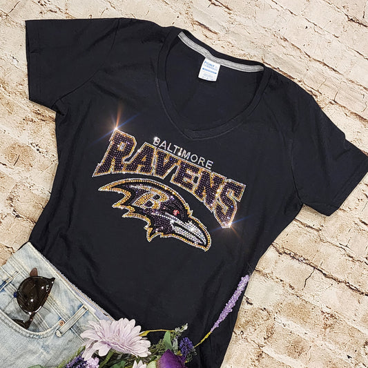 Rhinestone Ravens Women's Relaxed Fit V-Neck T-shirt Bling Baltimore Ravens Top