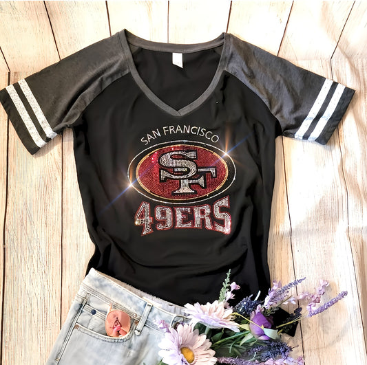 Rhinestone 49ers Women's Relaxed Fit V-Neck T-shirt Striped Sleeve Bling San Francisco 49ers Top