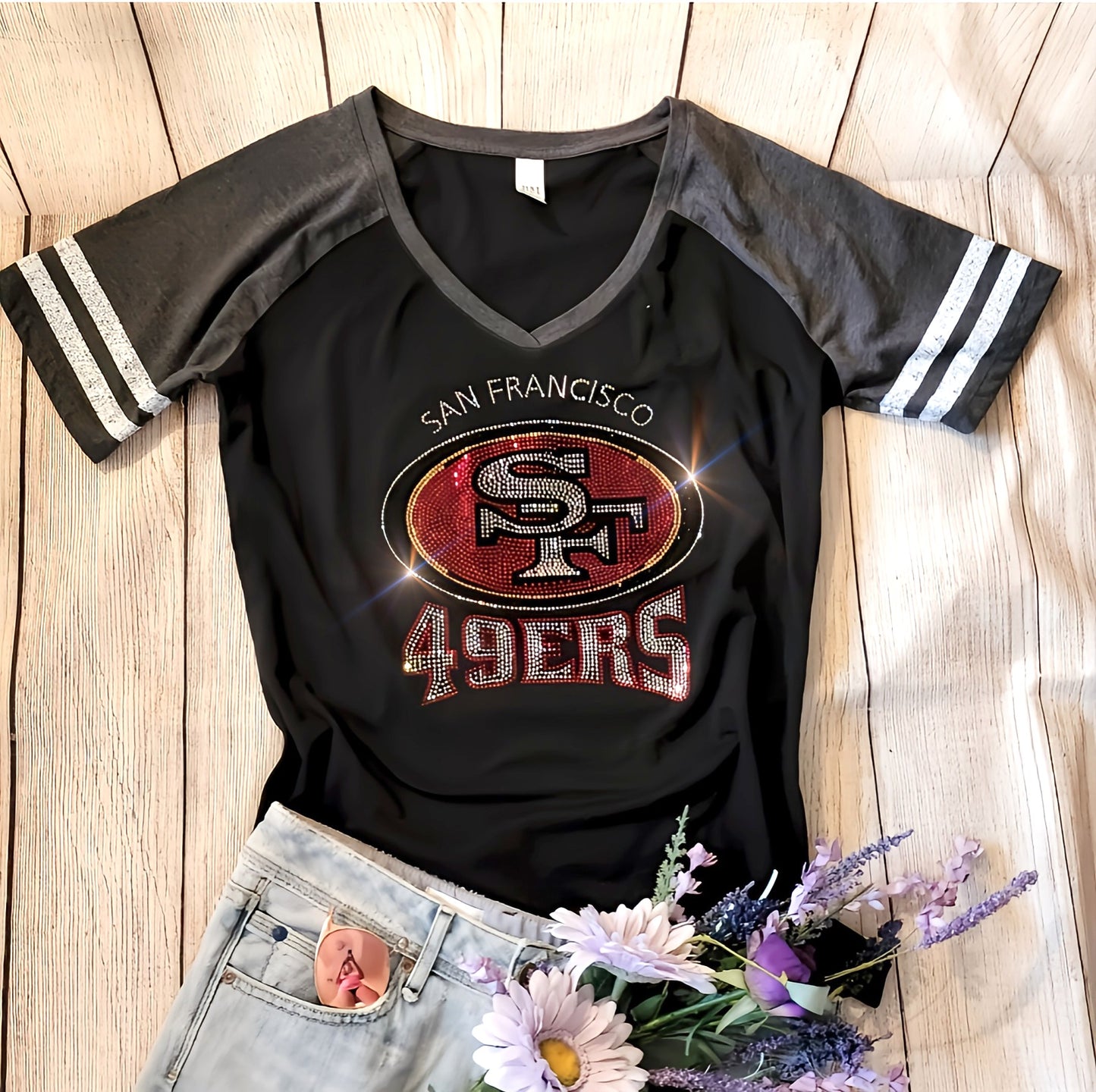 Rhinestone 49ers Women's Relaxed Fit V-Neck T-shirt Striped Sleeve Bling San Francisco 49ers Top