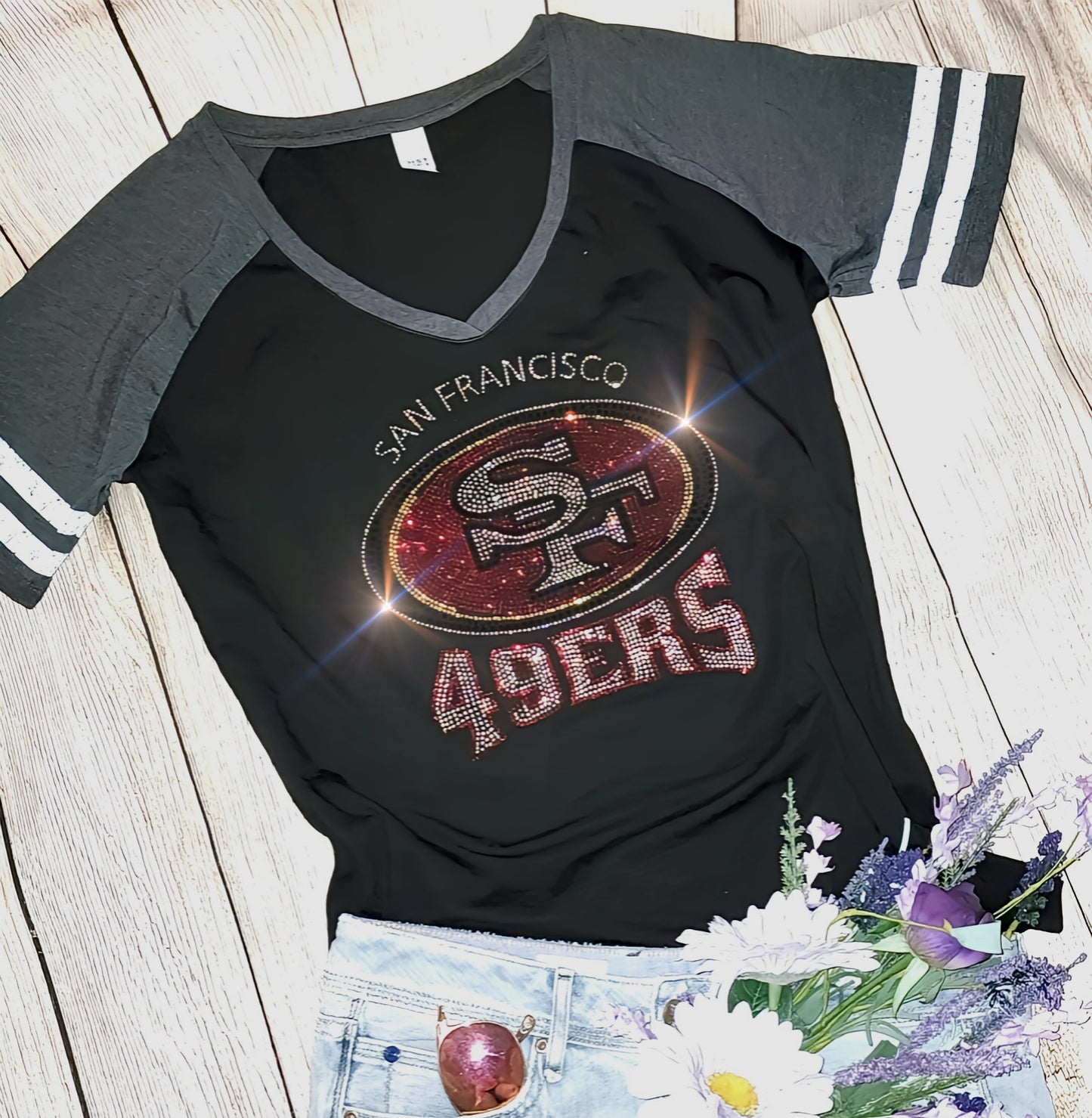 Rhinestone 49ers Women's Relaxed Fit V-Neck T-shirt Striped Sleeve Bling San Francisco 49ers Top