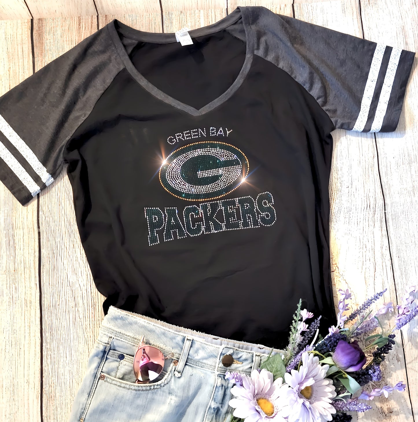 Rhinestone Packers Women's Relaxed Fit V-Neck T-shirt Striped Sleeve Bling Green Bay Packers