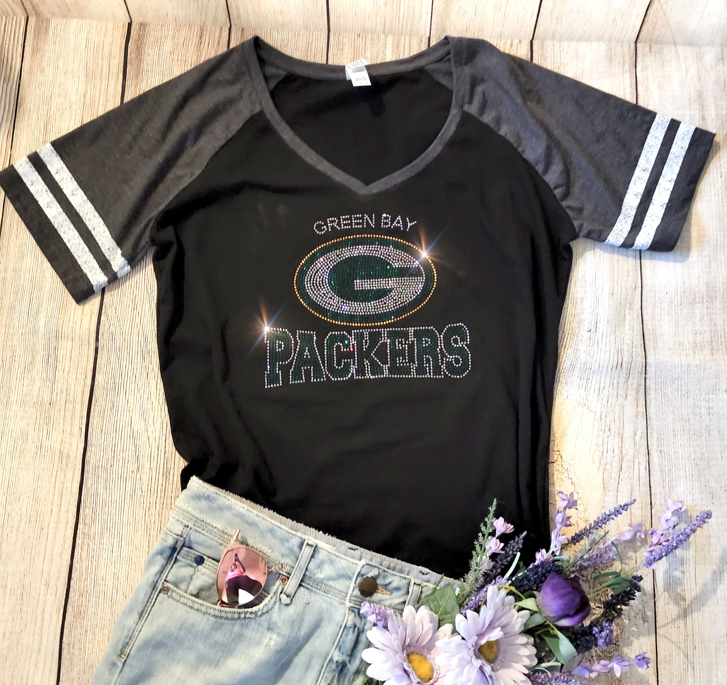 Rhinestone Packers Women's Relaxed Fit V-Neck T-shirt Striped Sleeve Bling Green Bay Packers