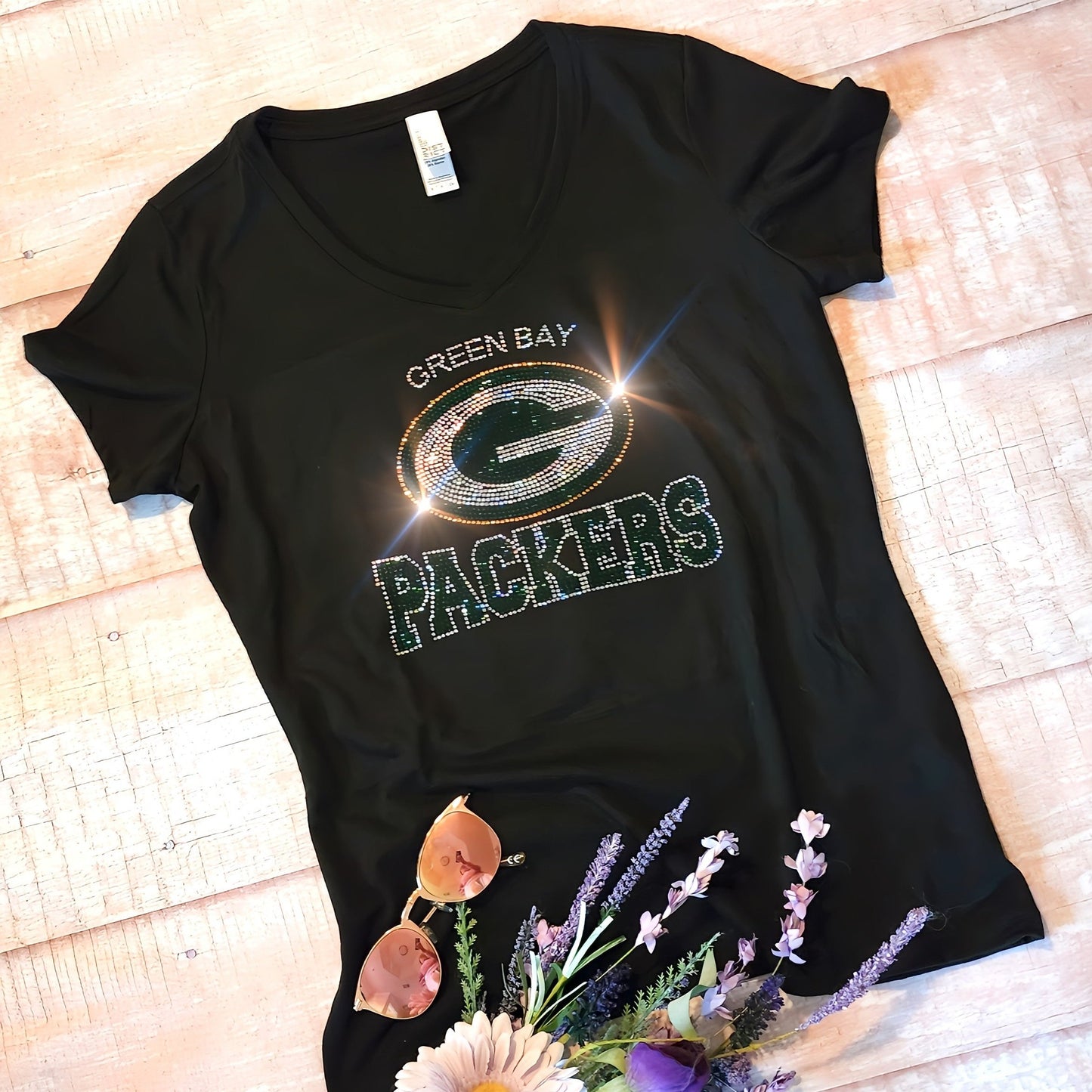 Rhinestone Packers Women's Relaxed Fit V-Neck T-shirt Bling Green Bay Packers