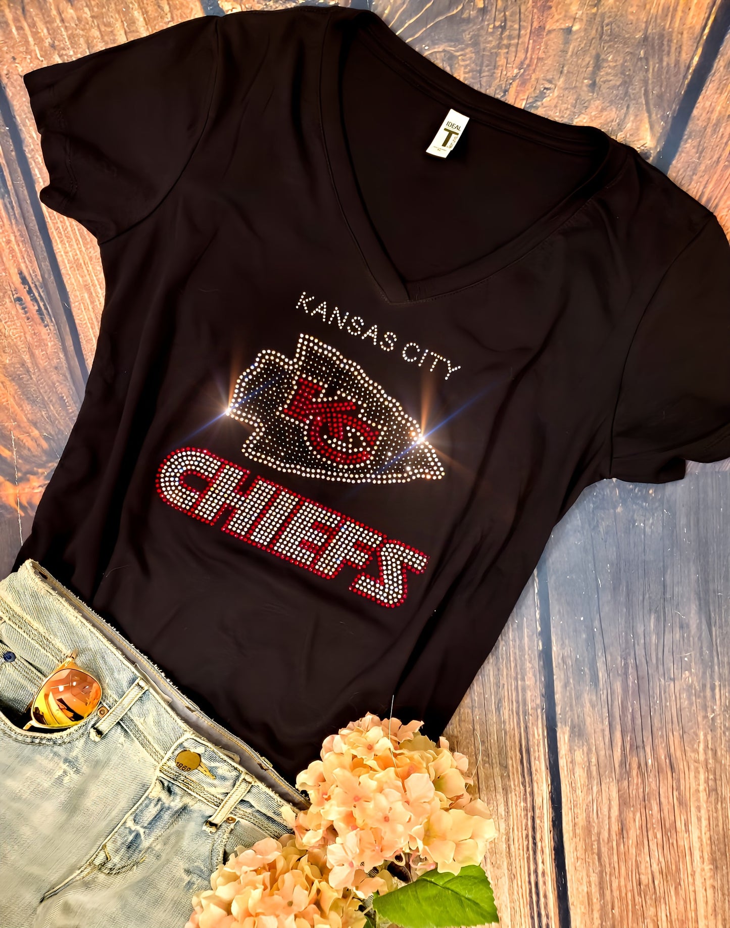 Rhinestone Chiefs Women's Relaxed Fit V-Neck T-shirt Bling Kansas City Chiefs