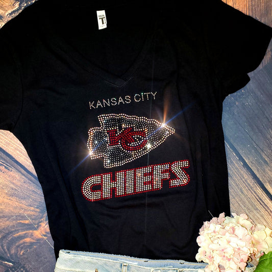 Rhinestone Chiefs Women's Relaxed Fit V-Neck T-shirt Bling Kansas City Chiefs