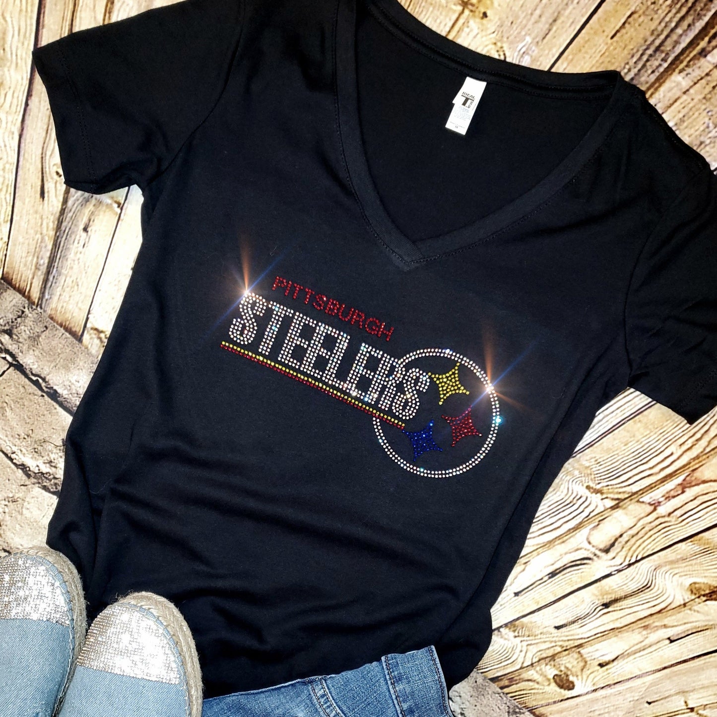 Rhinestone Steelers Women's Relaxed Fit V-Neck T-shirt Bling Pittsburgh Steelers