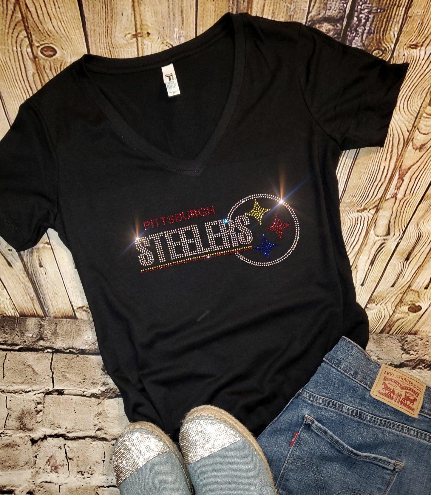 Rhinestone Steelers Women's Relaxed Fit V-Neck T-shirt Bling Pittsburgh Steelers