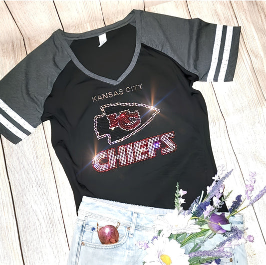 Rhinestone Chiefs Women's Striped Sleeve V-Neck T-shirt Bling Kansas City Chiefs