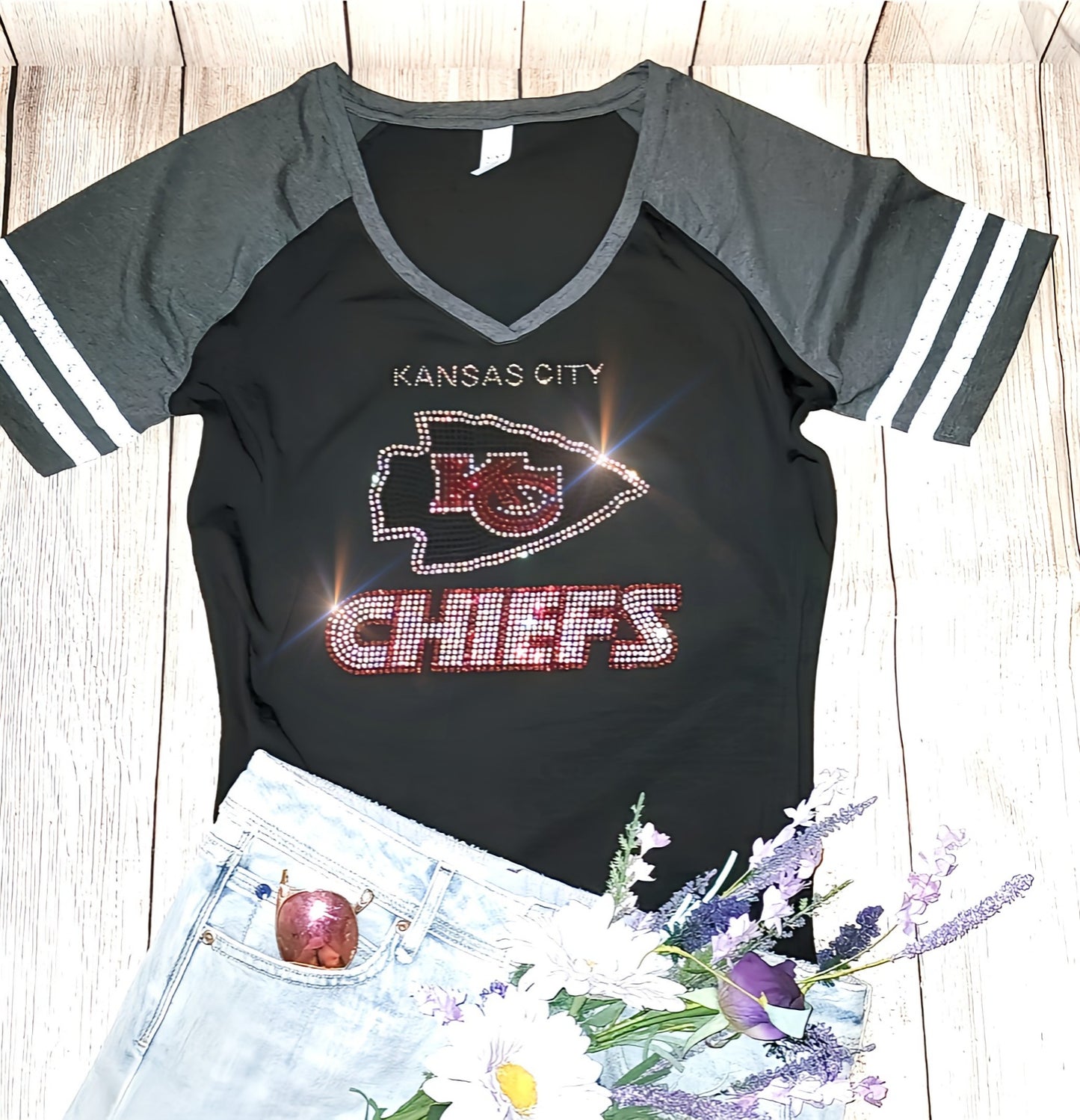 Rhinestone Chiefs Women's Striped Sleeve V-Neck T-shirt Bling Kansas City Chiefs