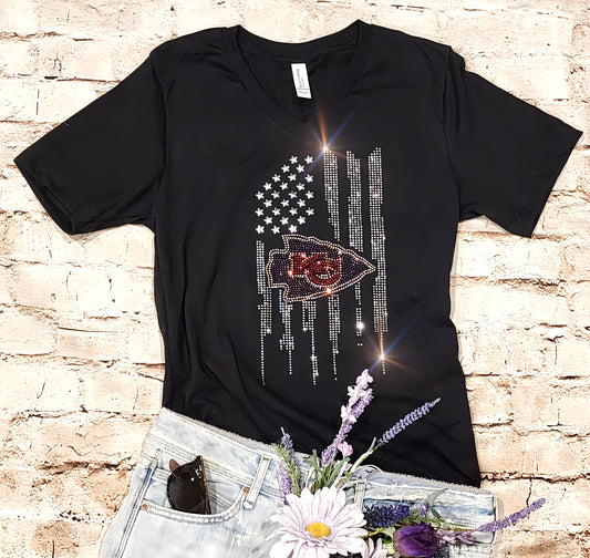 Rhinestone Chiefs Flag Women's Relaxed Fit V-Neck T-shirt Bling Kansas City Chiefs