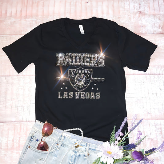 Rhinestone Raiders Women's Relaxed Fit V-Neck T-shirt Bling Baltimore Ravens Top