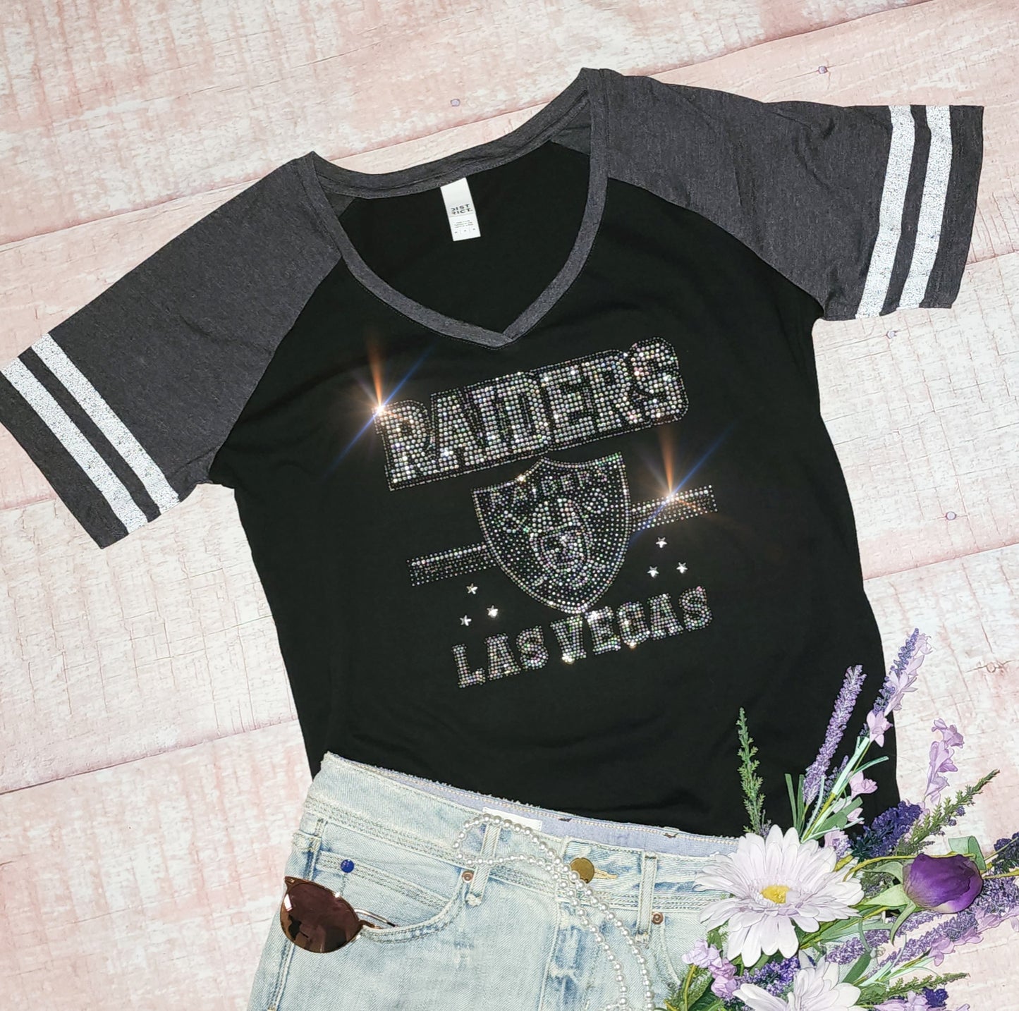 Rhinestone Raiders Striped Sleeve Women's Relaxed Fit V-Neck T-shirt Bling Baltimore Ravens Top