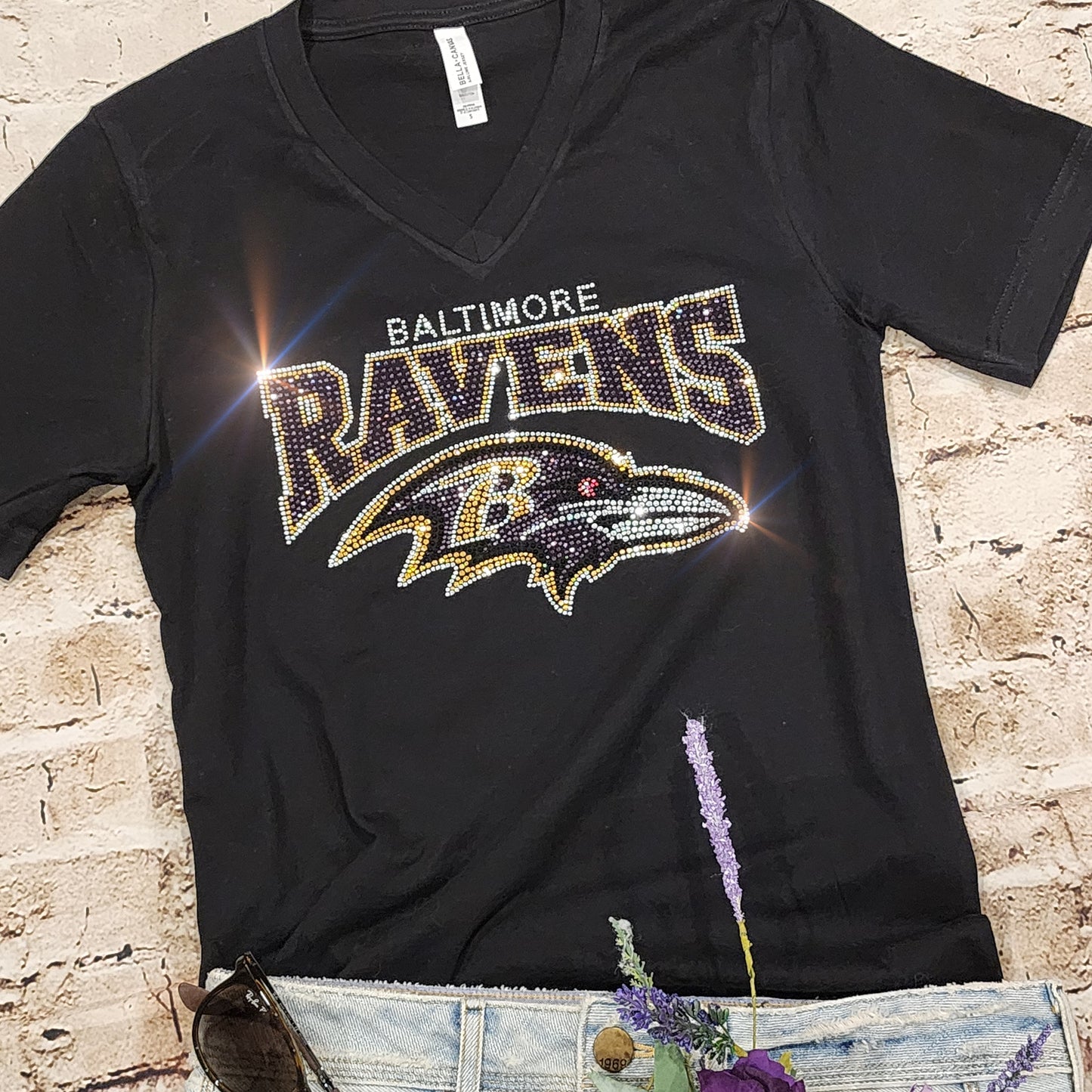 Rhinestone Ravens UNISEX Crewneck OR V-Neck T-Shirt Bling Baltimore Ravens