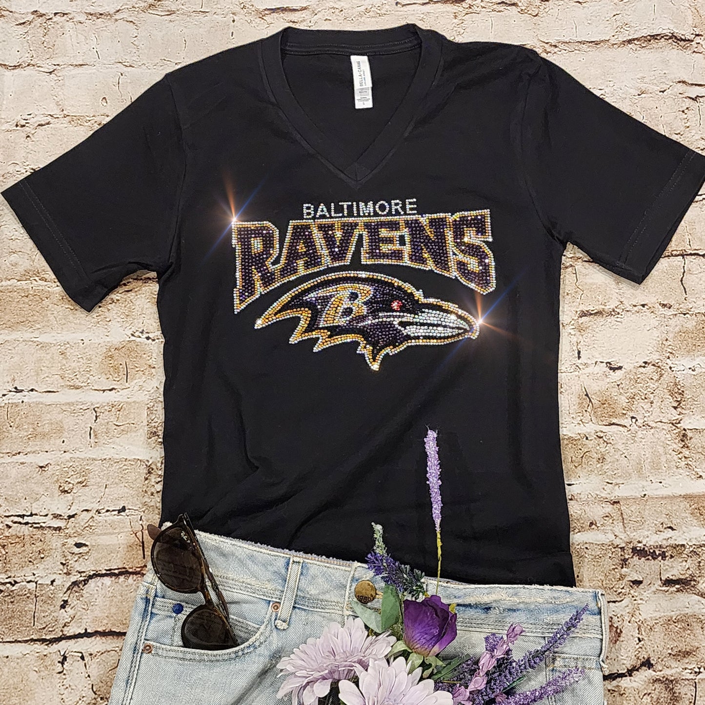 Rhinestone Ravens UNISEX Crewneck OR V-Neck T-Shirt Bling Baltimore Ravens