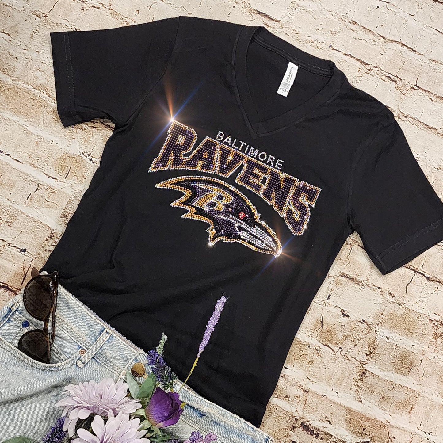 Rhinestone Ravens UNISEX Crewneck OR V-Neck T-Shirt Bling Baltimore Ravens