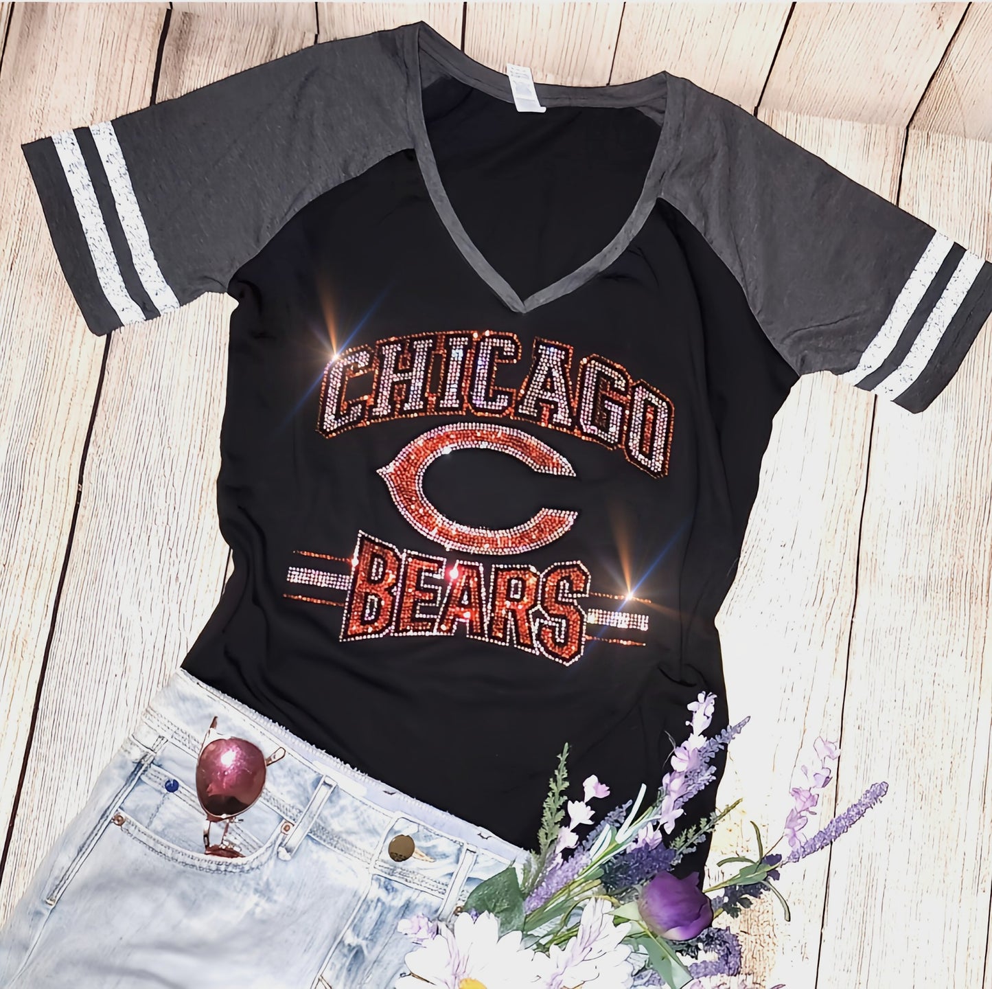 Rhinestone Bears Women's Relaxed Fit V-Neck T-shirt Striped Sleeve Bling Chicago Bears