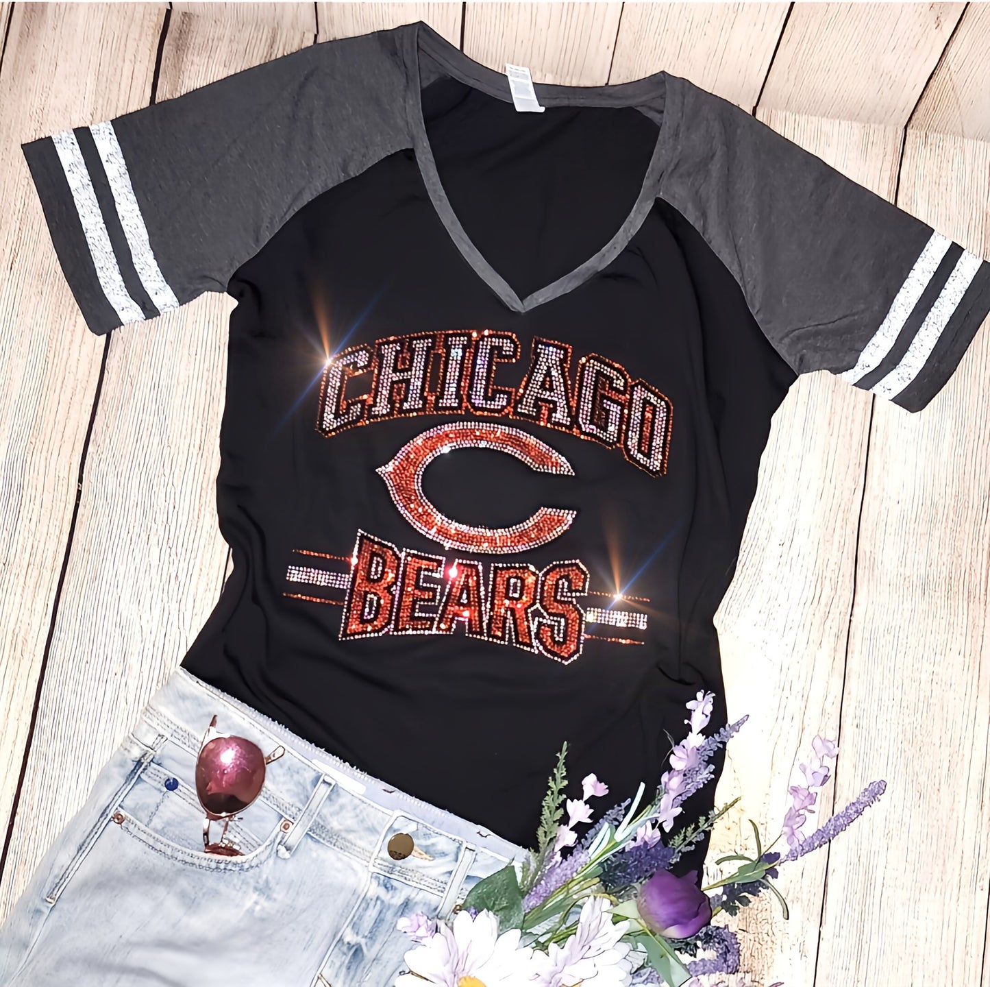 Rhinestone Bears Women's Relaxed Fit V-Neck T-shirt Striped Sleeve Bling Chicago Bears