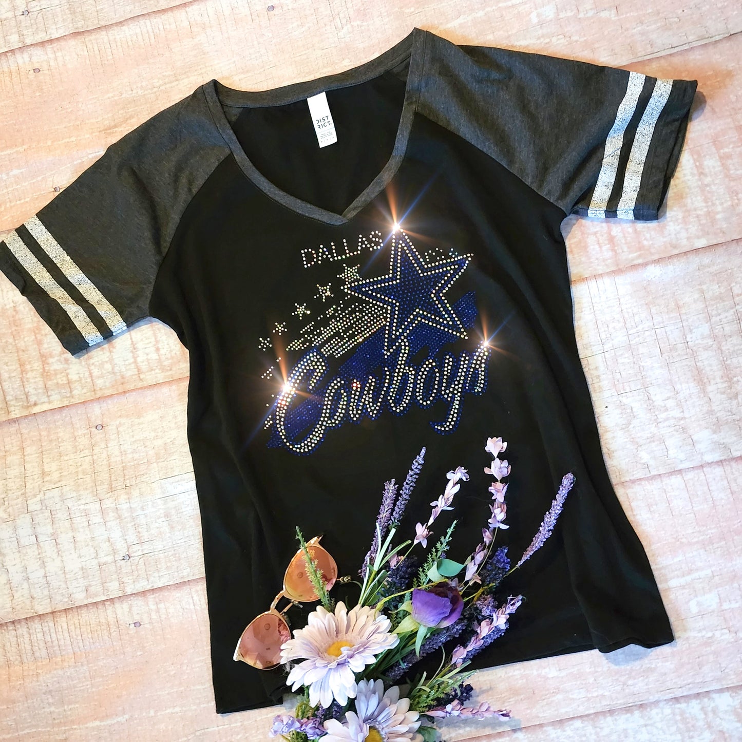 Rhinestone Cowboys Women's Striped Sleeve V-Neck T-shirt Bling Dallas Cowboys