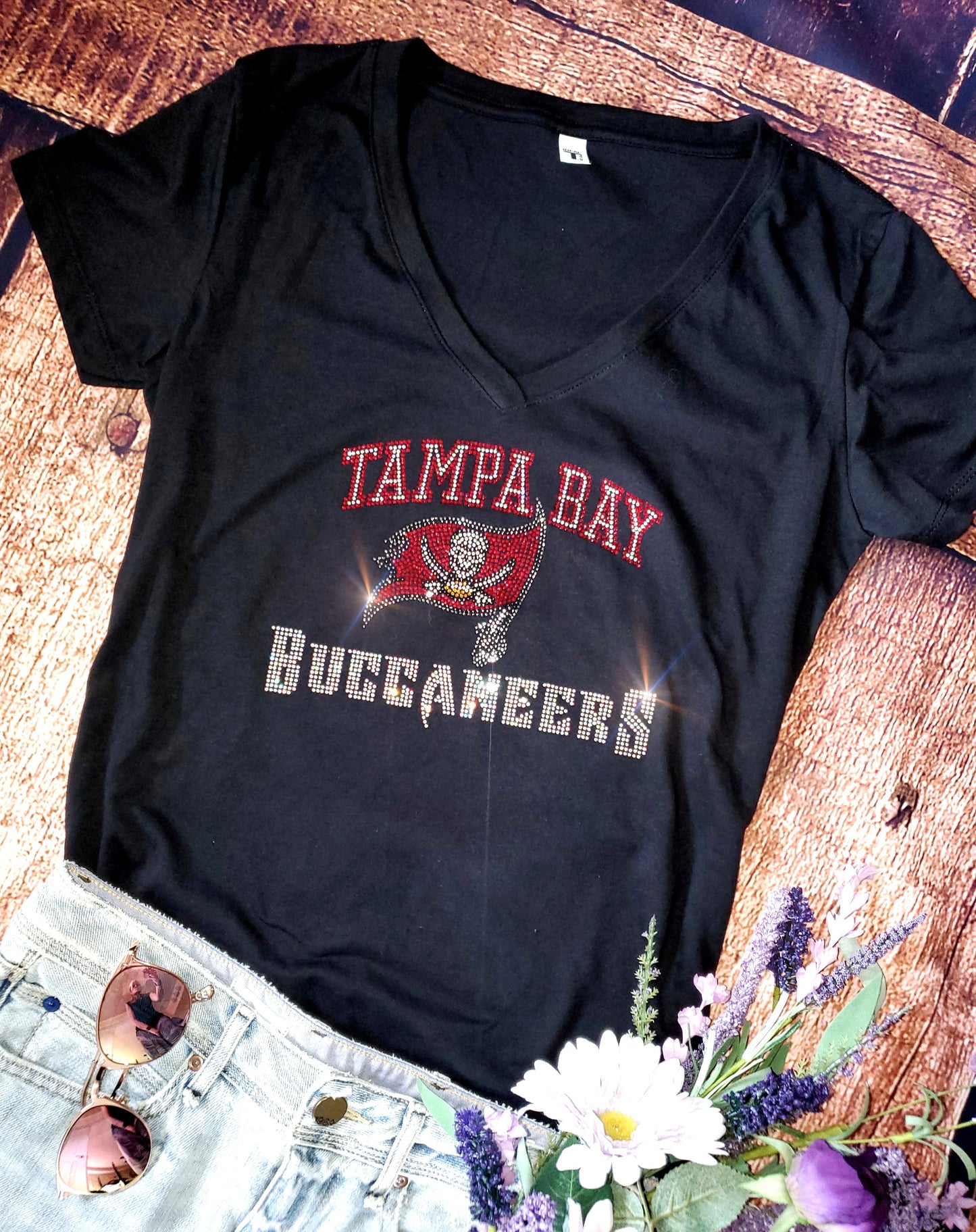 Rhinestone Buccaneers UNISEX Crewneck OR V-Neck T-Shirt Bling Tampa Bay Buccaneers Shirt