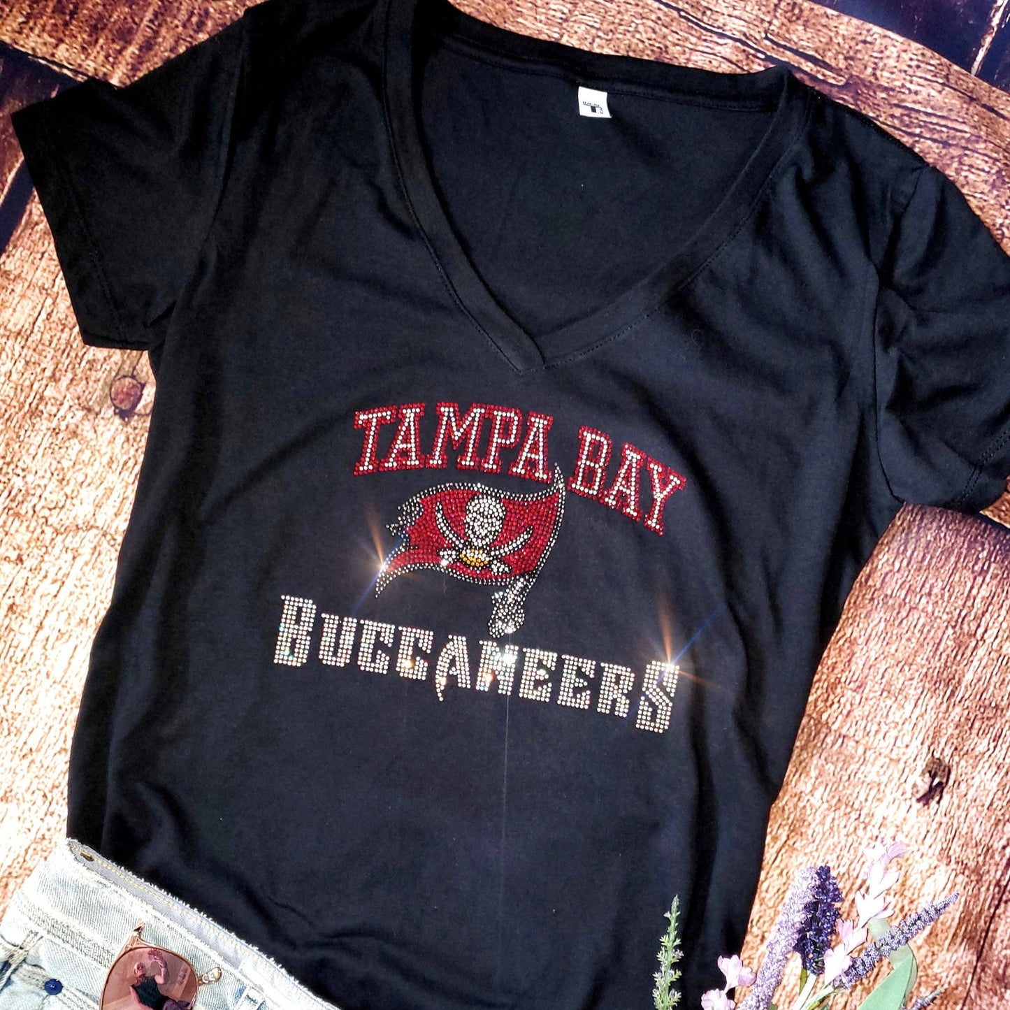 Rhinestone Buccaneers Women's Relaxed Fit V-Neck T-shirt Bling Tampa Bay Buccaneers