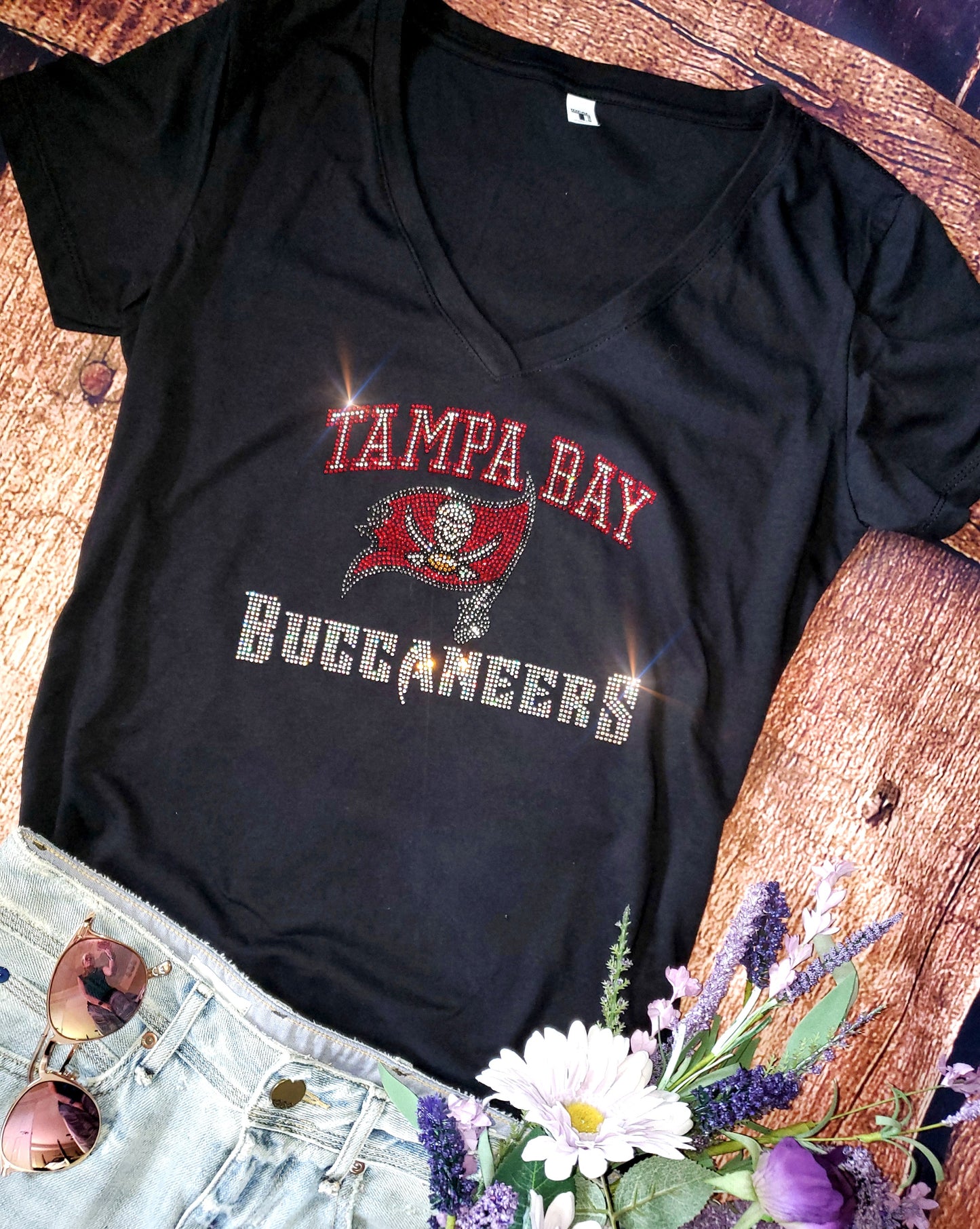 Rhinestone Buccaneers UNISEX Crewneck OR V-Neck T-Shirt Bling Tampa Bay Buccaneers Shirt