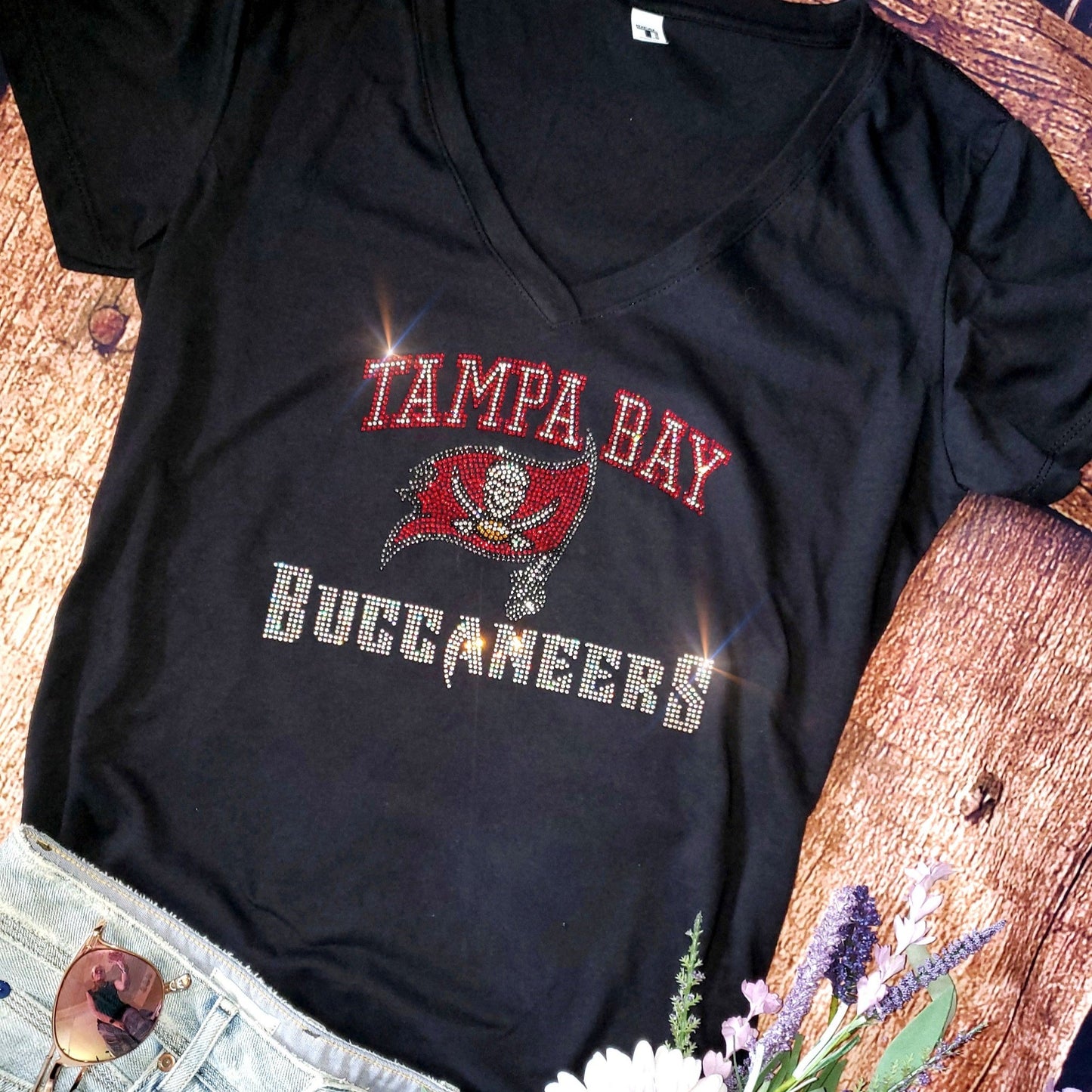 Rhinestone Buccaneers Women's Relaxed Fit V-Neck T-shirt Bling Tampa Bay Buccaneers