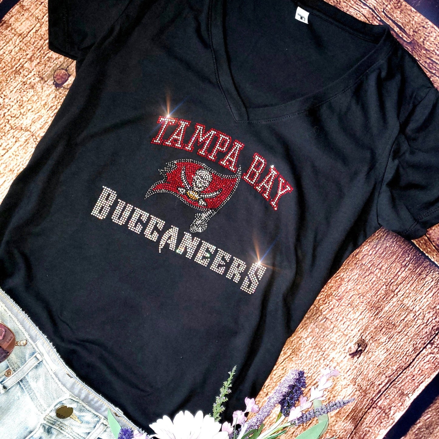 Rhinestone Buccaneers Women's Relaxed Fit V-Neck T-shirt Bling Tampa Bay Buccaneers