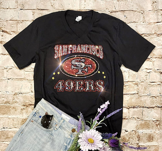 Rhinestone 49ers Women's Relaxed Fit V-Neck T-shirt  Bling San Francisco 49ers Top