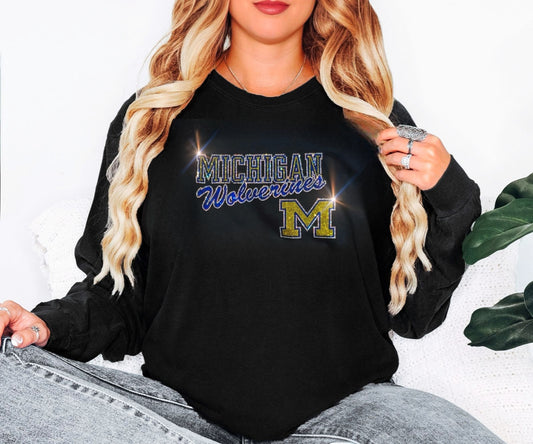 Bling Michigan Wolverines UNISEX Long Sleeve Comfort Colors T-shirt Oversized Shirt