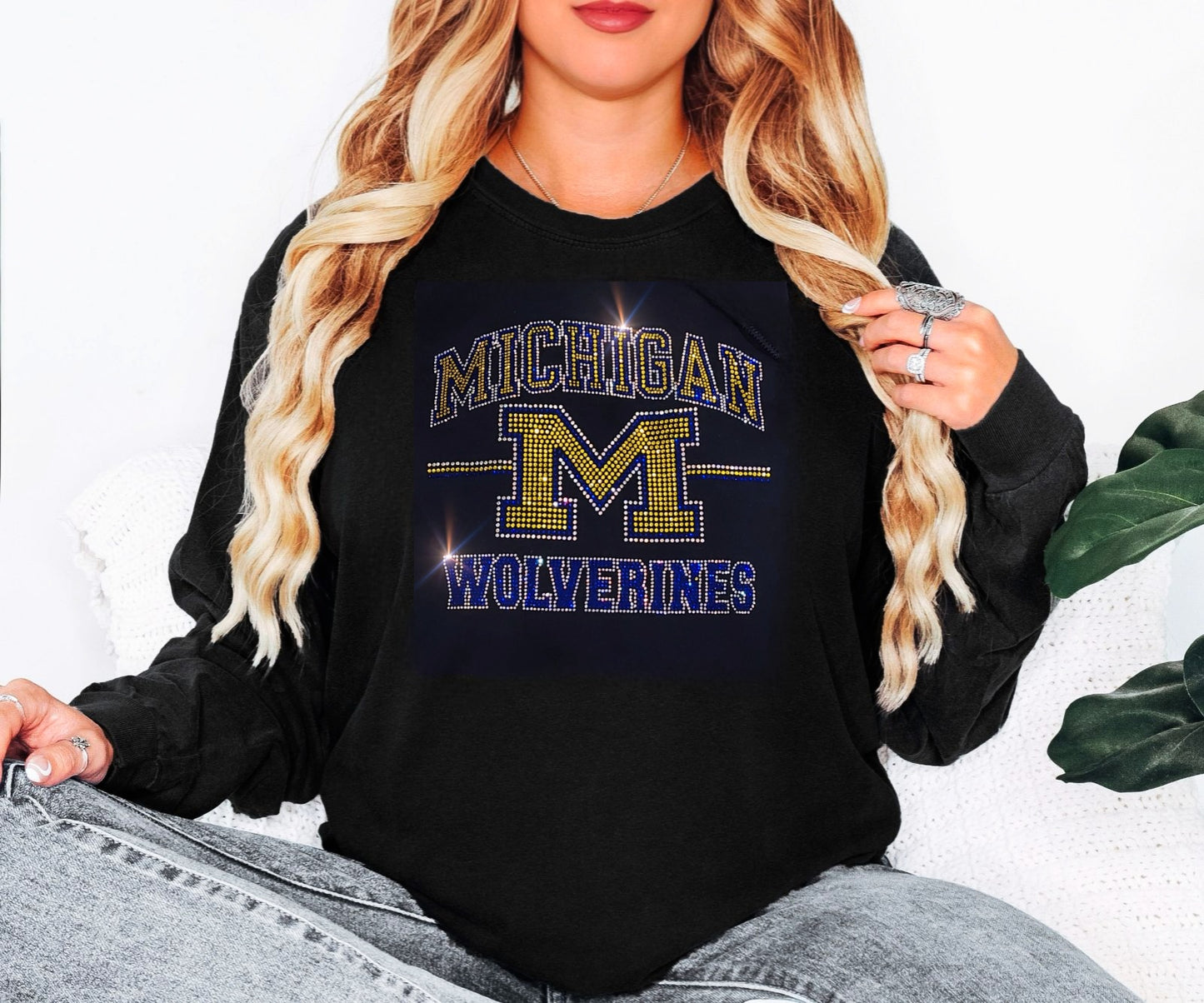 Bling Michigan Wolverines UNISEX Long Sleeve Comfort Colors T-shirt Oversized Shirt