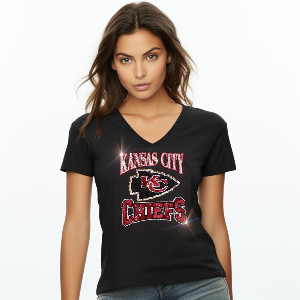 Rhinestone Chiefs Kelce #87 Women's Relaxed Fit V-Neck T-shirt Bling Kansas City Chiefs