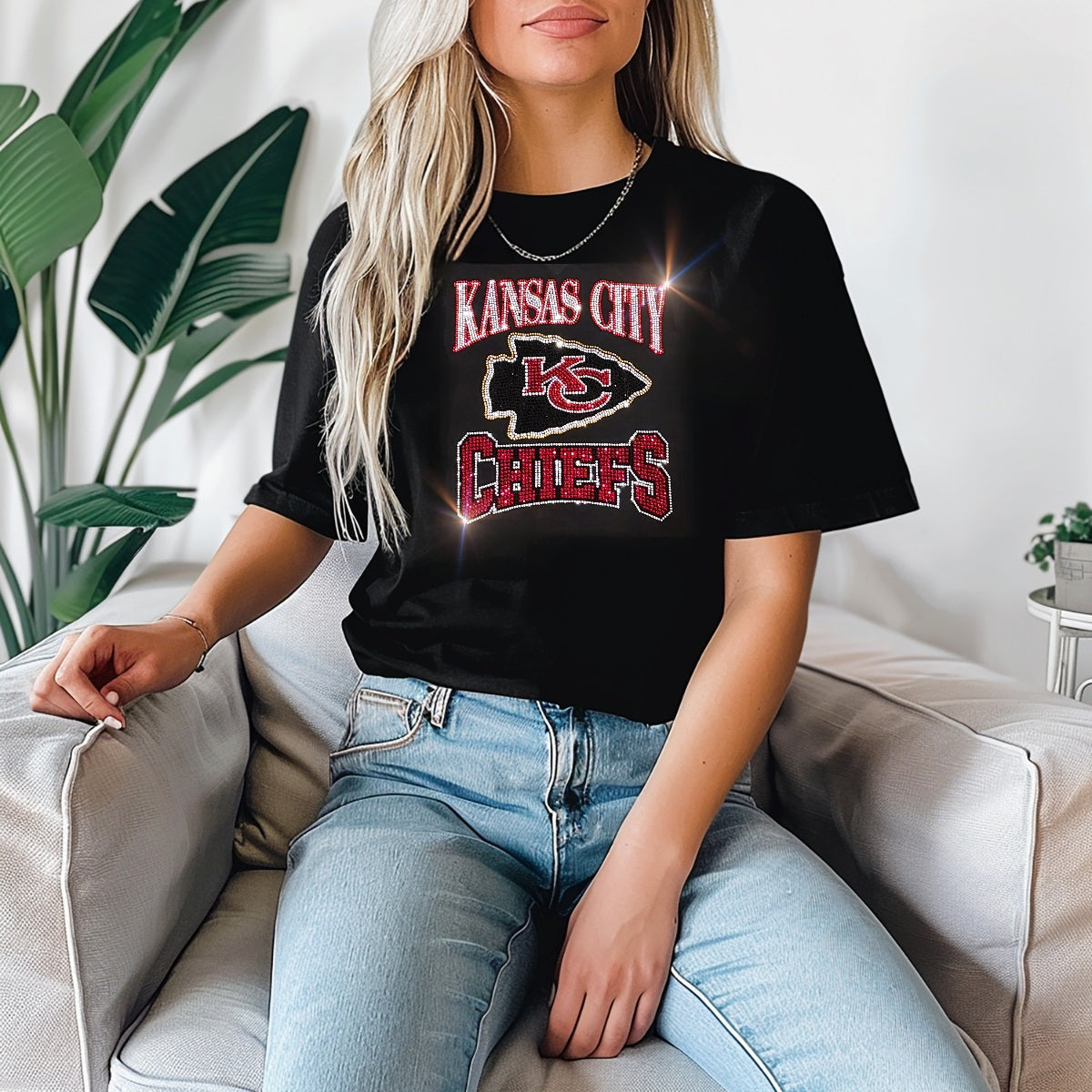 Rhinestone Chiefs UNISEX Crewneck OR V-Neck T-Shirt Bling Kansas City Chiefs Tshirt