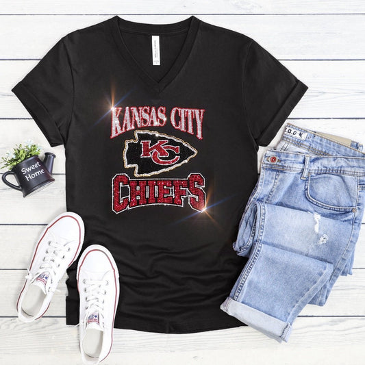 Rhinestone Chiefs UNISEX Crewneck OR V-Neck T-Shirt Bling Kansas City Chiefs Tshirt