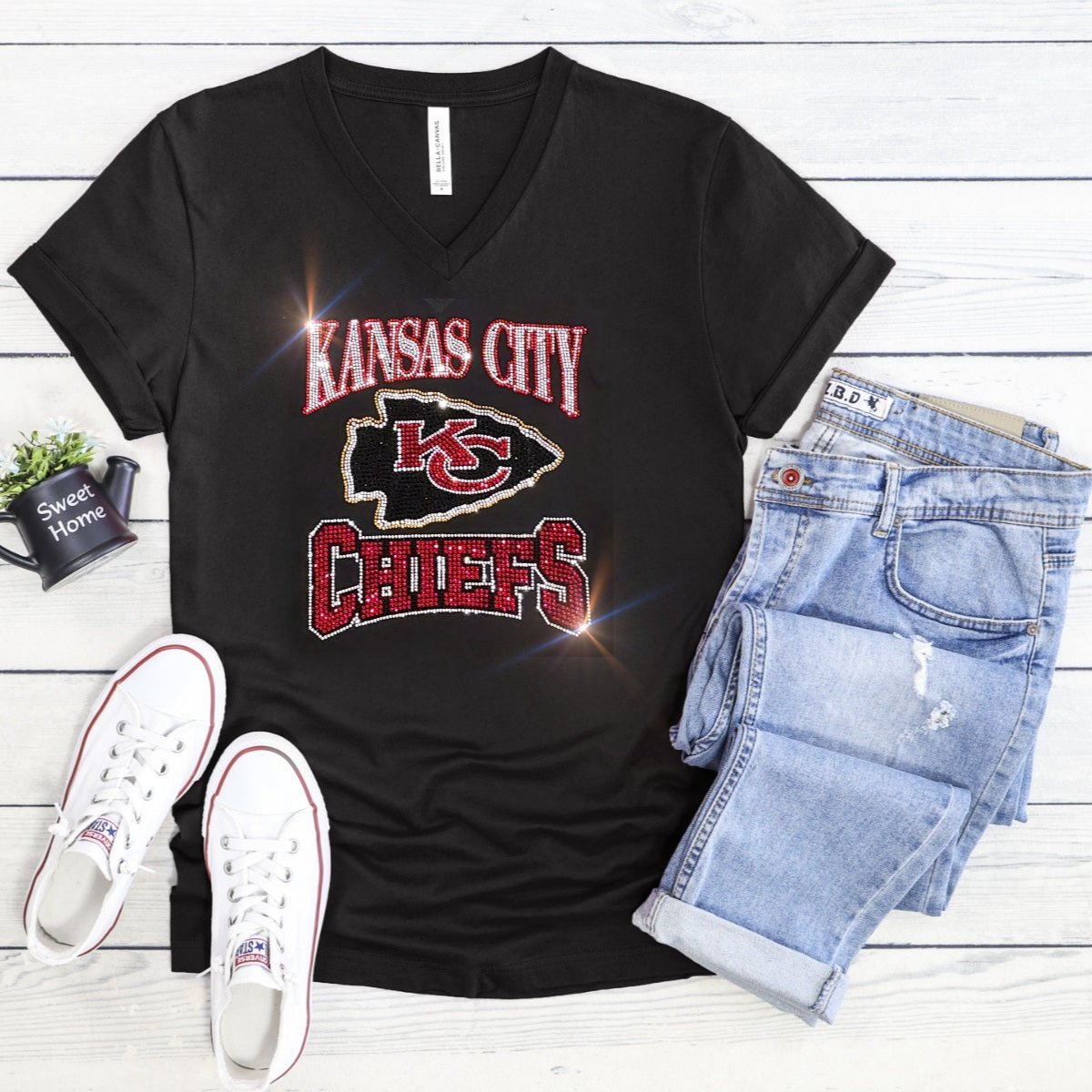 Rhinestone Chiefs Kelce #87 Women's Relaxed Fit V-Neck T-shirt Bling Kansas City Chiefs