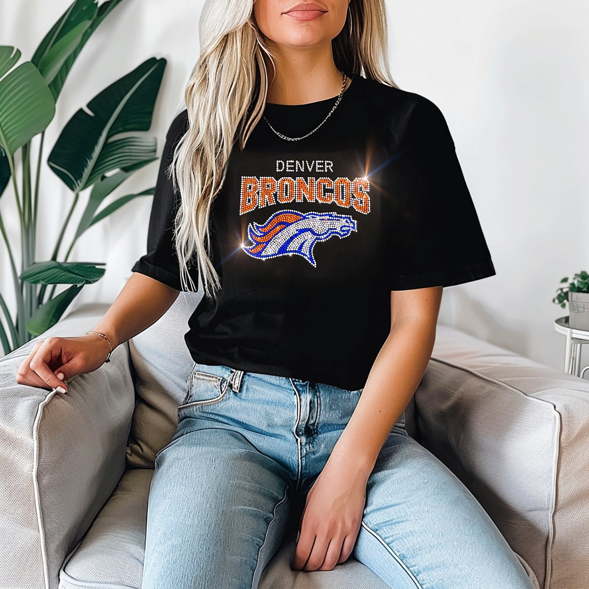 Rhinestone Broncos UNISEX Crewneck OR V-Neck T-Shirt Bling Denver Broncos Shirt