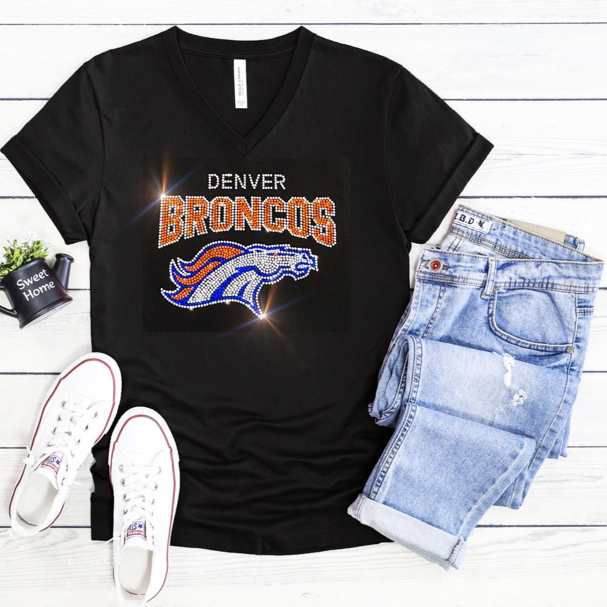 Rhinestone Broncos UNISEX Crewneck OR V-Neck T-Shirt Bling Denver Broncos Shirt