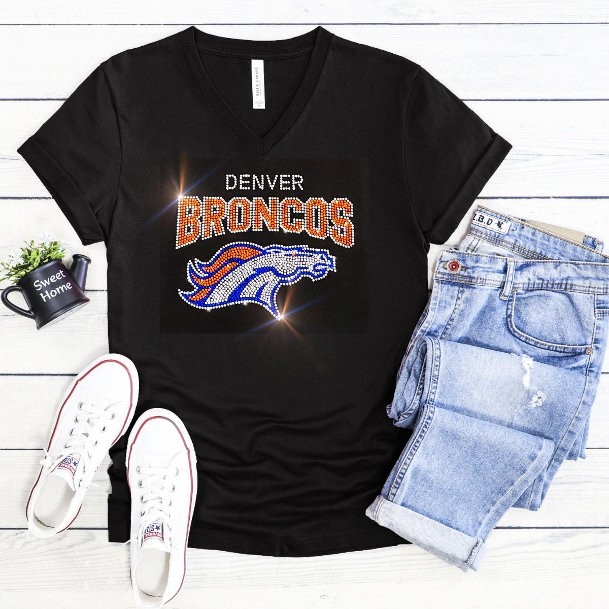 Rhinestone Broncos Women's Relaxed Fit V-Neck T-shirt Bling Denver Broncos Shirt