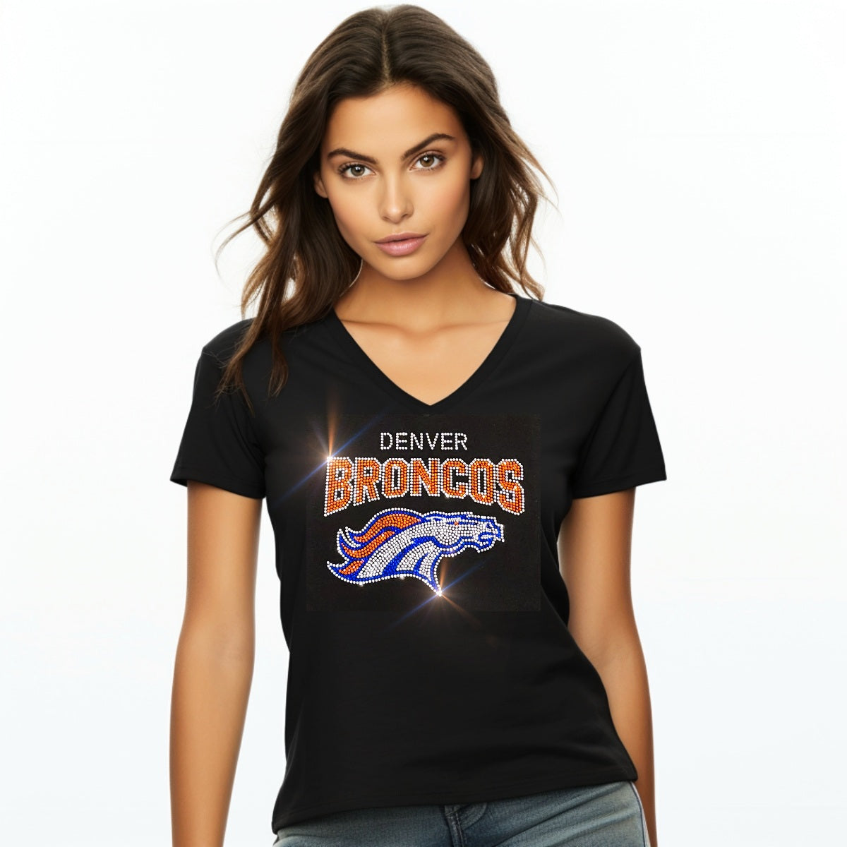 Rhinestone Broncos Women's Relaxed Fit V-Neck T-shirt Bling Denver Broncos Shirt