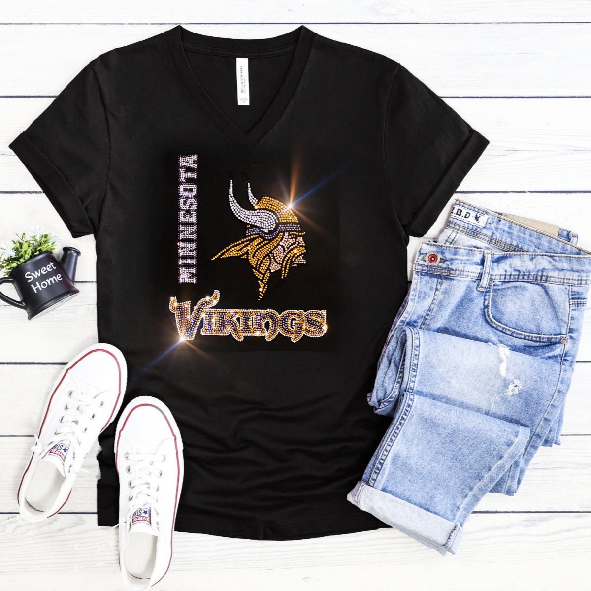 Rhinestone Vikings UNISEX Crewneck OR V-Neck T-Shirt Bling Minnesota Vikings Shirt