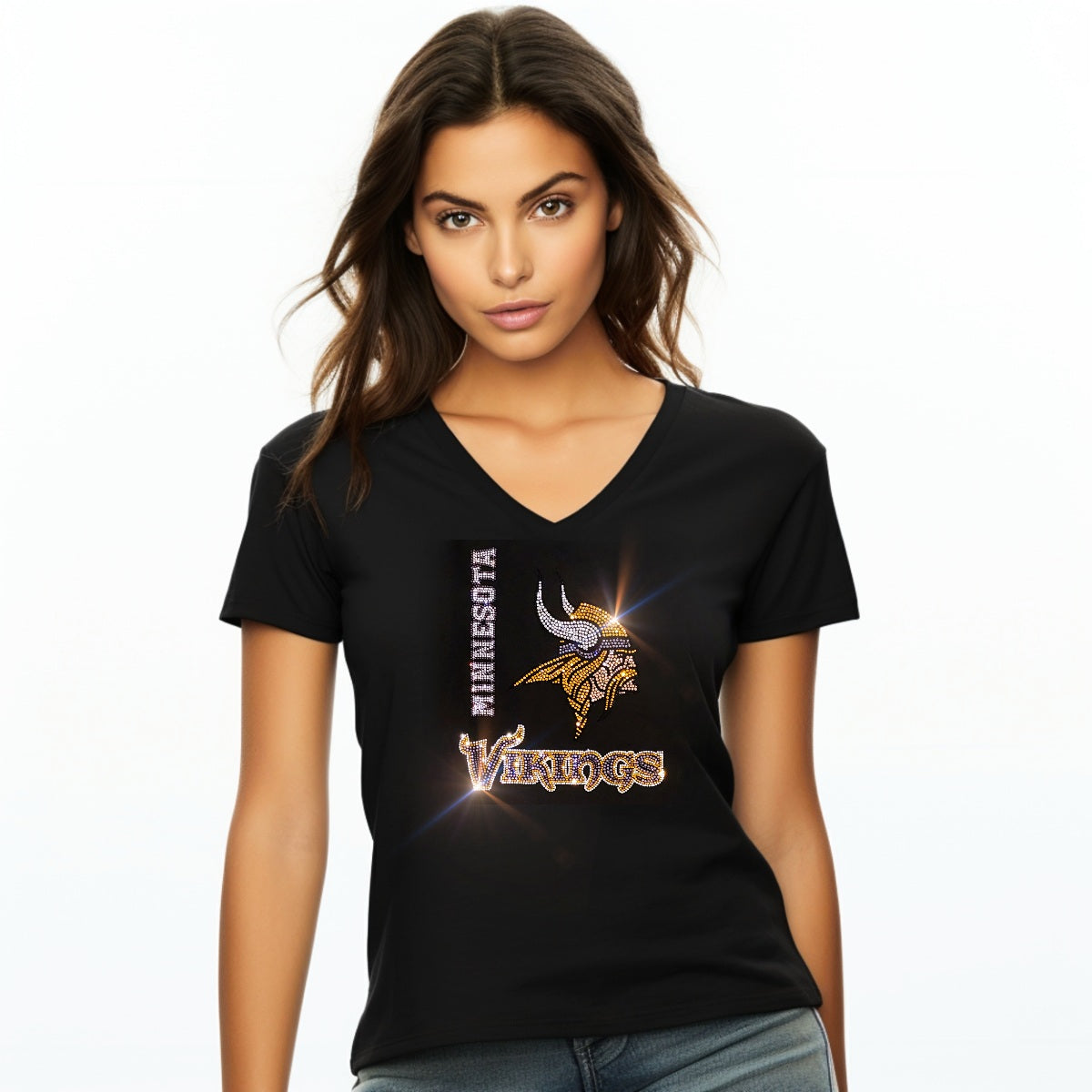 Rhinestone Vikings UNISEX Crewneck OR V-Neck T-Shirt Bling Minnesota Vikings Shirt