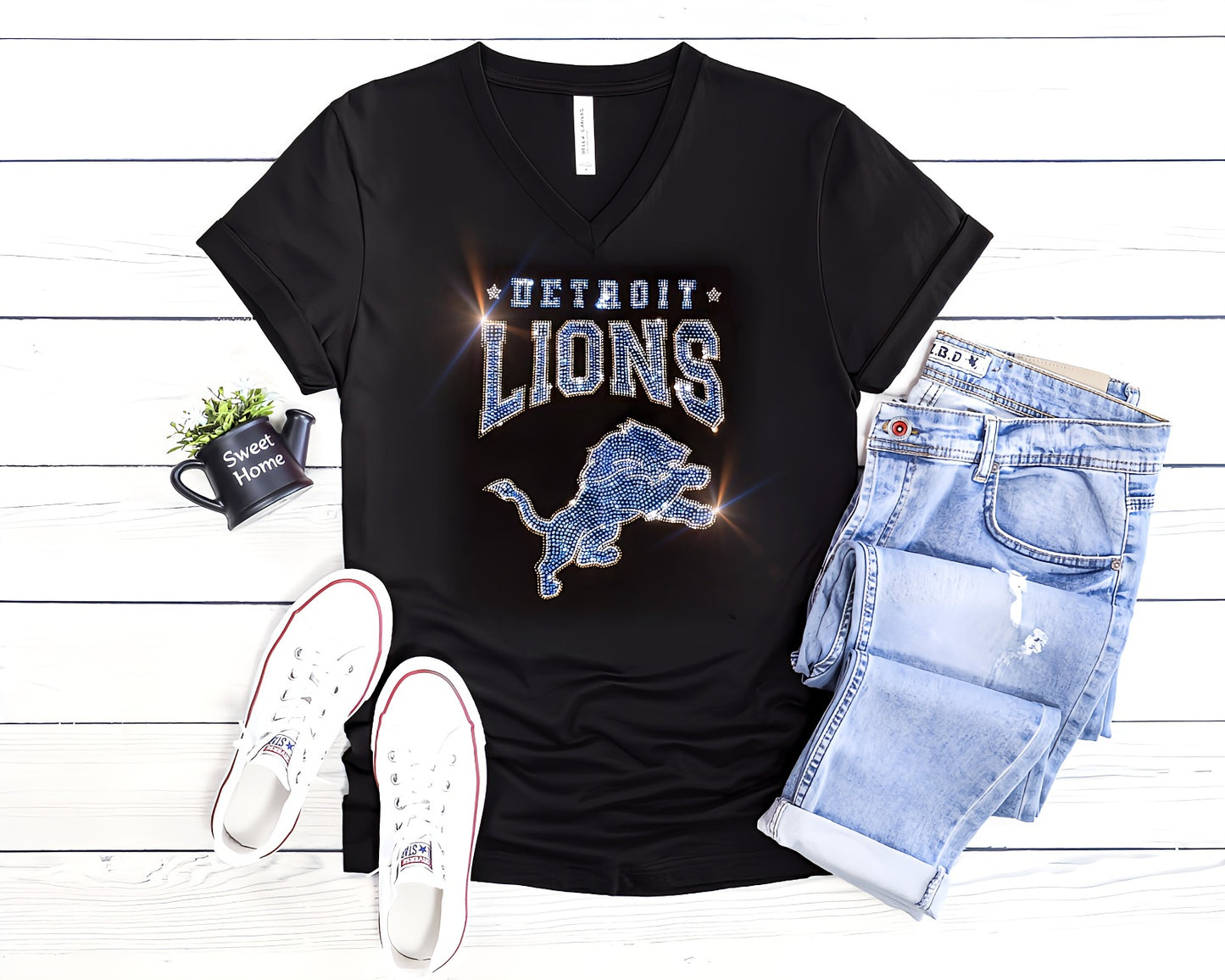 Bling Detroit Lions UNISEX V-Neck OR Crewneck Black T-shirt Rhinestone Detroit Lions Women's Shirt