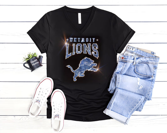 Bling Detroit Lions UNISEX V-Neck OR Crewneck Black T-shirt Rhinestone Detroit Lions Women's Shirt