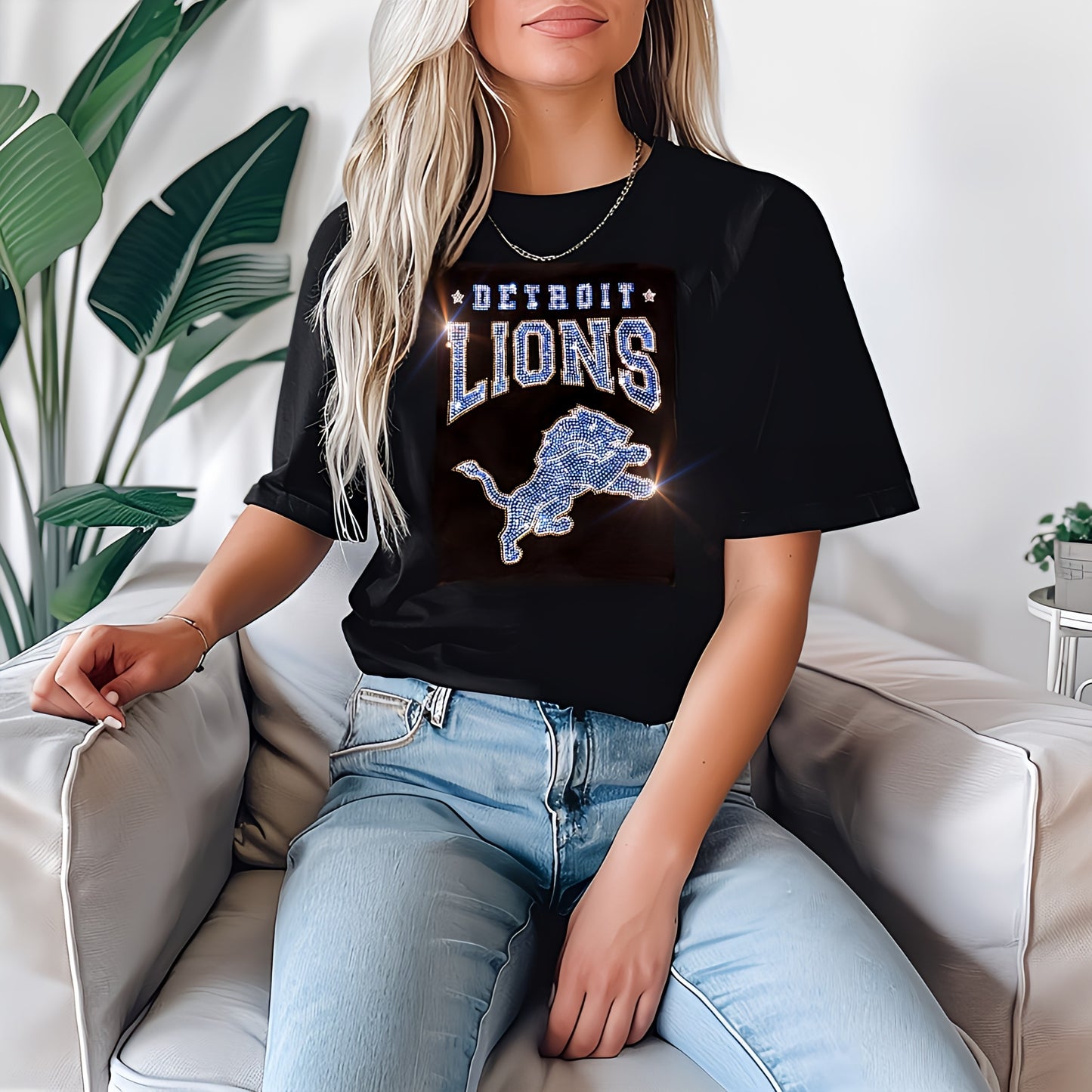 Bling Detroit Lions UNISEX V-Neck OR Crewneck Black T-shirt Rhinestone Detroit Lions Women's Shirt