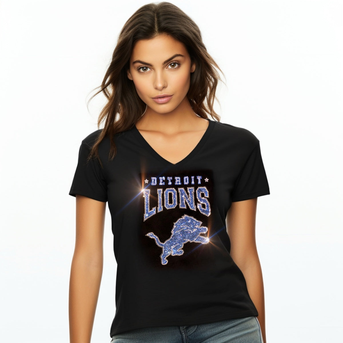 Bling Detroit Lions Women's Relaxed Fit V-Neck T-shirt Rhinestone Detroit Lions