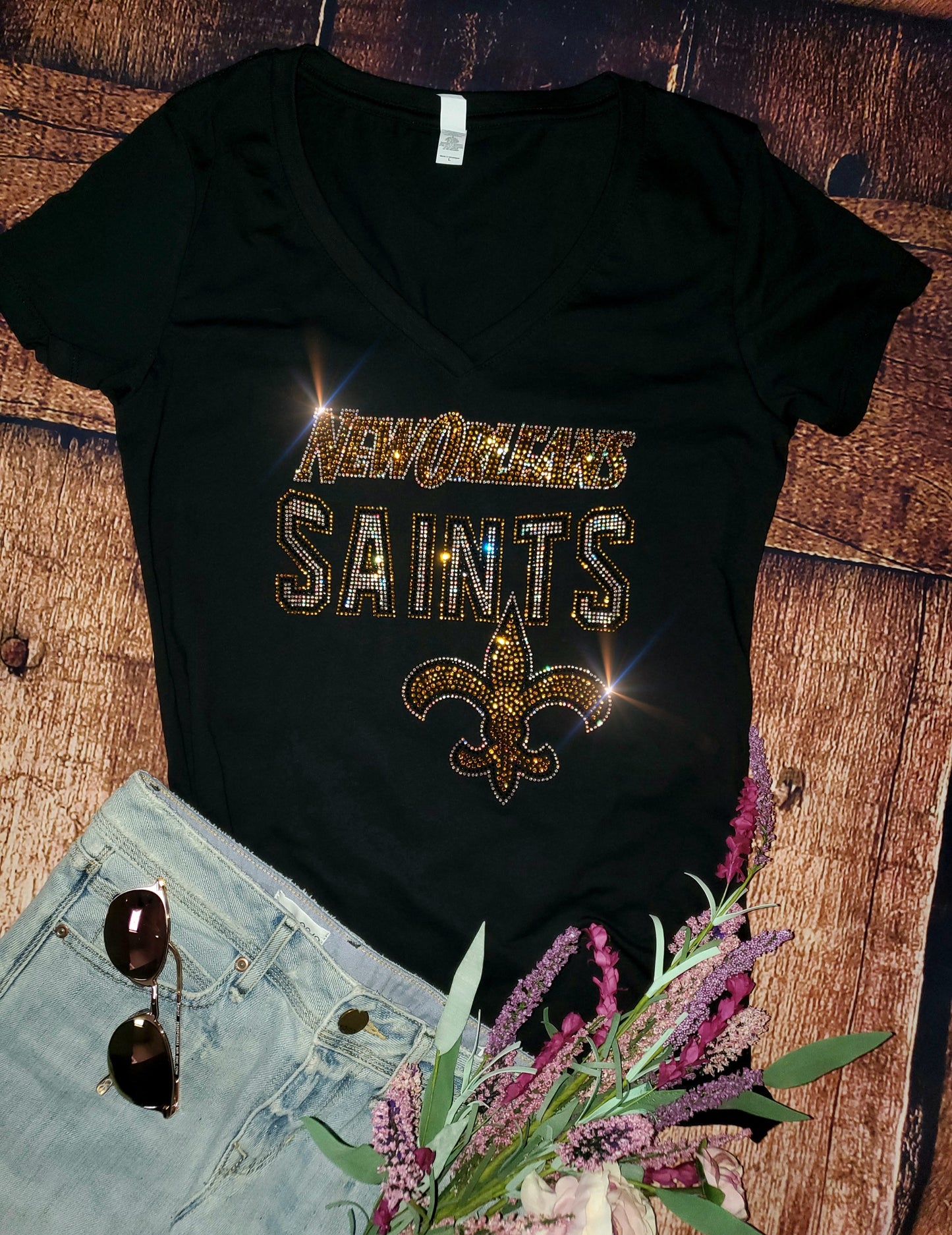 Rhinestone New Orleans Saints UNISEX V-Neck OR Crewneck Black T-shirt Bling Saints Women's Shirt