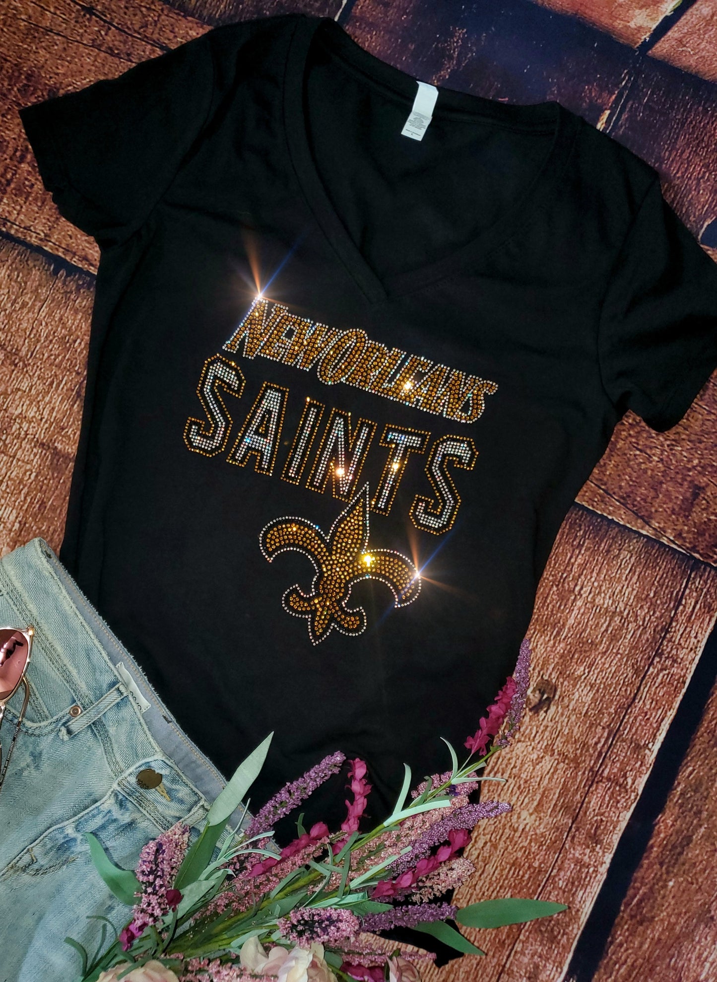 Rhinestone New Orleans Saints UNISEX V-Neck OR Crewneck Black T-shirt Bling Saints Women's Shirt