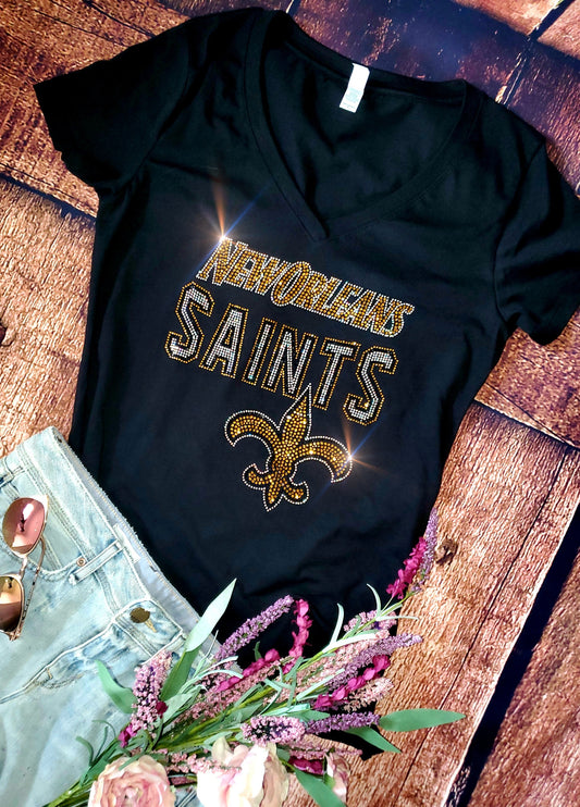 Rhinestone New Orleans Saints UNISEX V-Neck OR Crewneck Black T-shirt Bling Saints Women's Shirt