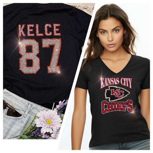 Rhinestone Chiefs Kelce #87 Women's Relaxed Fit V-Neck T-shirt Bling Kansas City Chiefs